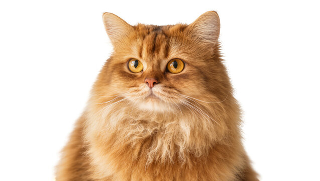 Isolated gorgeous long-haired orange cat with bright amber eyes staring intently