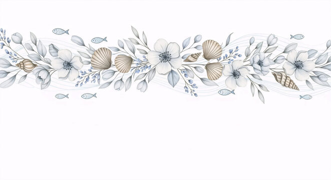 Seashell floral border watercolor baptism illustration
