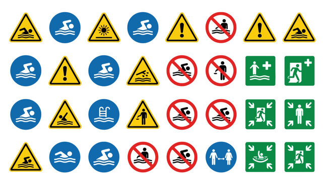 Vector Icons Collection of swimming pool safety signs and water hazard warning icons. EPS Editable
