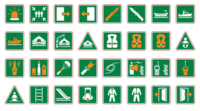 Vector Icons Collection of Maritime IMO Safety Signs and Emergency Symbols for Ships. EPS Editable