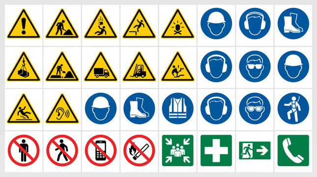 Vector Icons Collection of industrial safety signs and warning symbols vector set. EPS Editable
