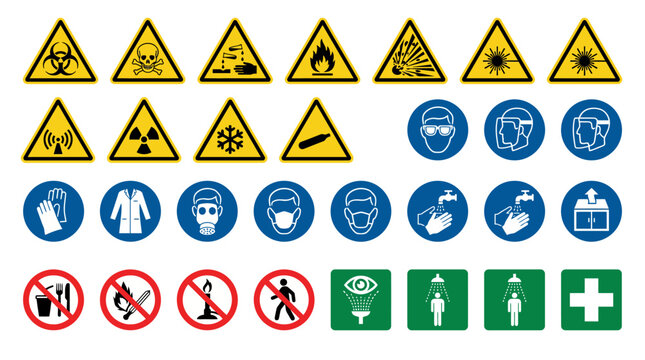 Vector Icons Laboratory safety signs and hazard warning symbols set for industrial workplace protection. EPS Editable