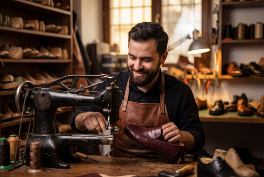 Smiling male shoemaker repairing burgundy leather shoe using sewing machine in workshop