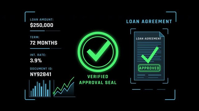 Motion graphics of a financial HUD interface showing a verified loan approval seal on a deep black background