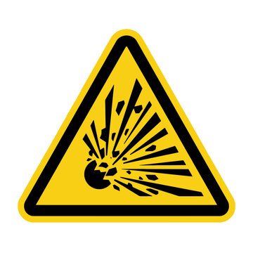 Yellow triangular warning sign featuring a black explosive blast icon for industrial safety and hazard communication. EPS Editable. Vector Illustrations.