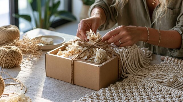 Woman's hands tie a jute twine bow on a rustic gift box adorned with dried flowers. A macrame textile drapes beside the parcel on a linen tablecloth, creating a cozy, artisanal scene. 