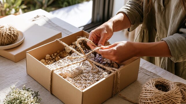 Hands tying twine bow on natural gift box contents. A woman carefully packages a textured fabric item and dried floral accents for thoughtful presentation. Gift wrapping and artisanal craft concept
