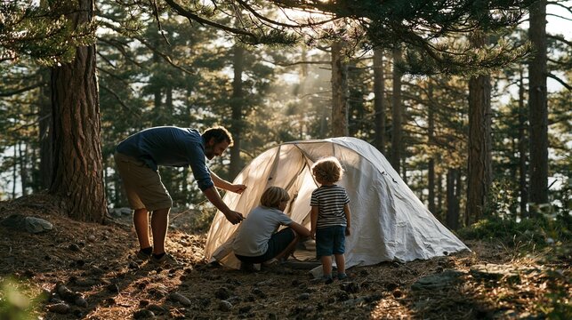 Father and two young sons setting up a camping tent in a sun-dappled pine forest. Family outdoor adventure activity for recreation and bonding. Peaceful nature scene with warm golden hour light