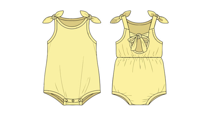Yellow baby romper with shoulder ties and back bow technical sketch front and back view