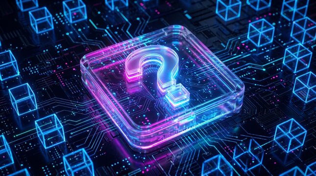 Glowing Question Mark Icon in Digital Binary Code Network with Neon Light Effect