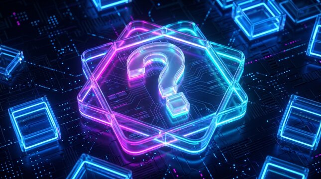 Glowing Question Mark in Digital Network with Neon Circuit Board Background
