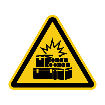 Yellow triangular warning sign indicating explosive materials and hazard danger vector illustration. EPS Editable