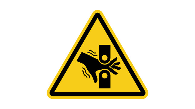 Yellow triangular warning sign indicating hand crush and pinch point hazard from machinery rollers. EPS Editable
