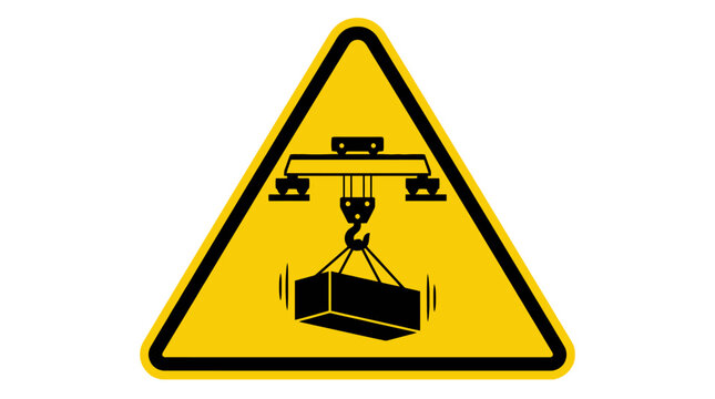 Yellow triangular warning sign indicating overhead crane and suspended load hazard in industrial areas. EPS Editable
