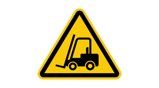 Yellow triangular warning sign with forklift icon isolated on white background. EPS Editable