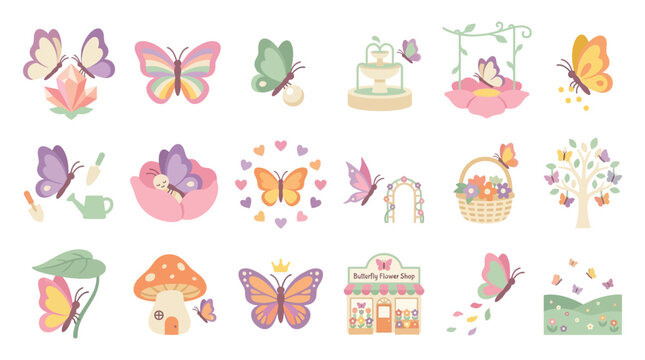 Collection of whimsical illustrations featuring butterflies, flowers, and magical garden elements.