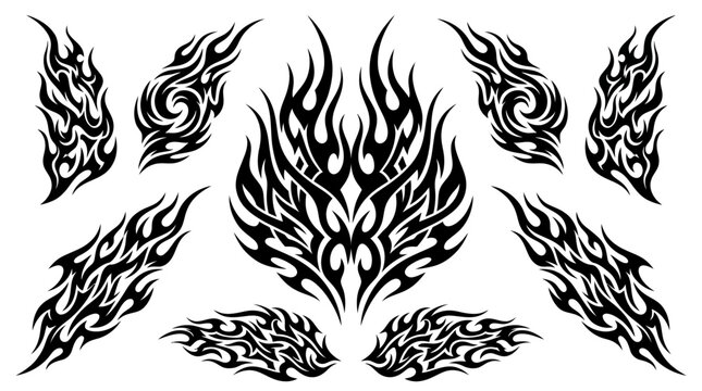 Set of black tribal flame decals on white background