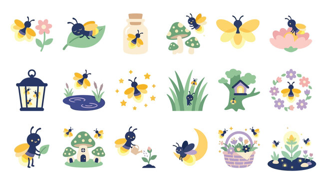 Collection of cute cartoon fireflies and nature elements, perfect for children's illustrations and designs.