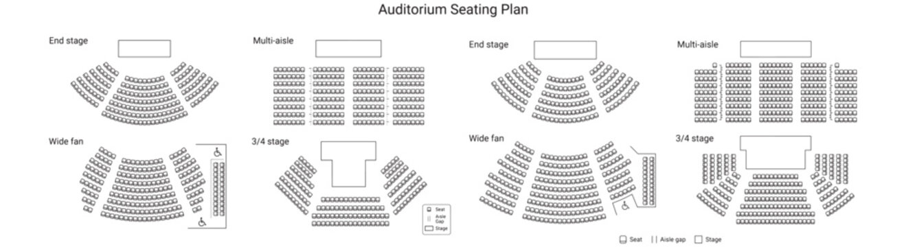 Auditorium Seating Plan Diagram Showing End Stage, Multi-Aisle, Wide Fan and 3/4 Stage Layouts