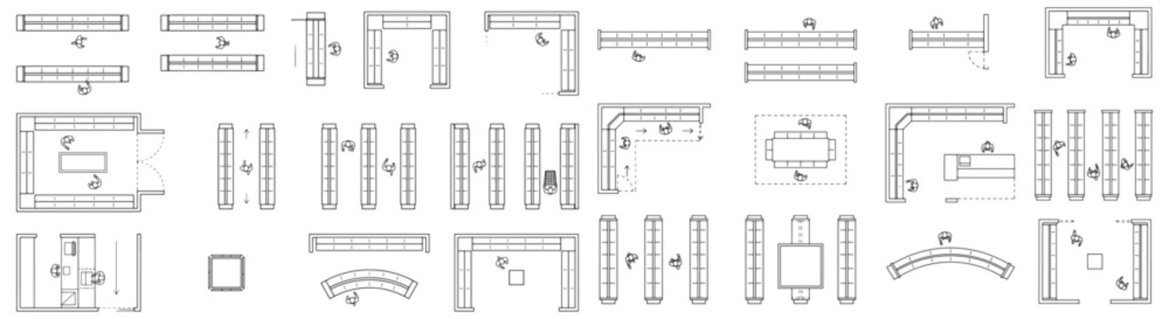 Collection of Library and Bookstore Shelf Layout CAD Symbols for Architectural Floor Plans