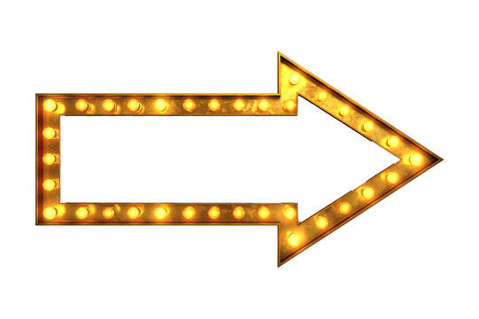 Captivating bright gold arrow display with multiple glowing incandescent light bulbs, designed in a classic retro marquee style, excellent for directing attention or indicating a clear path&nbsp;