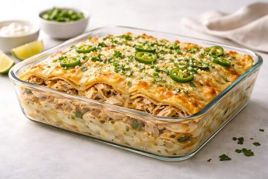 Transparent Glass Baking Dish Holds Elegant Chicken Enchilada Casserole With Modern Minimal Culinary Styling