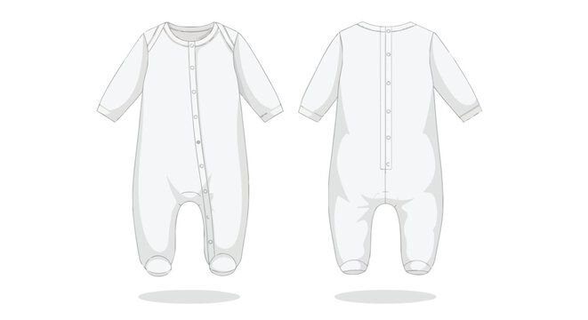 White Baby Sleepsuit Romper Technical Sketch Front and Back View Infant Pajamas Template
