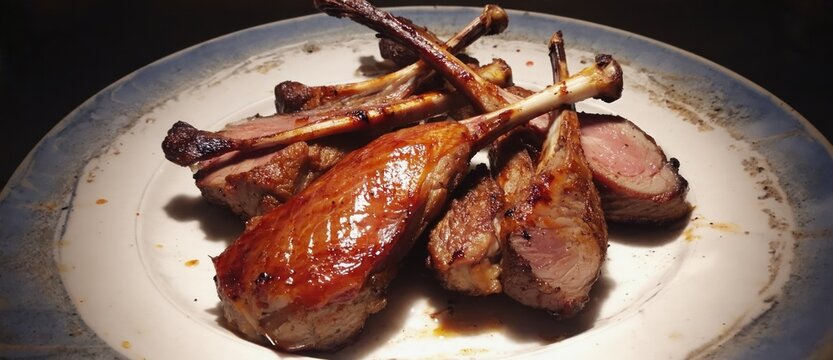 Close up of roasted meat on a white plate with visible bones and textures