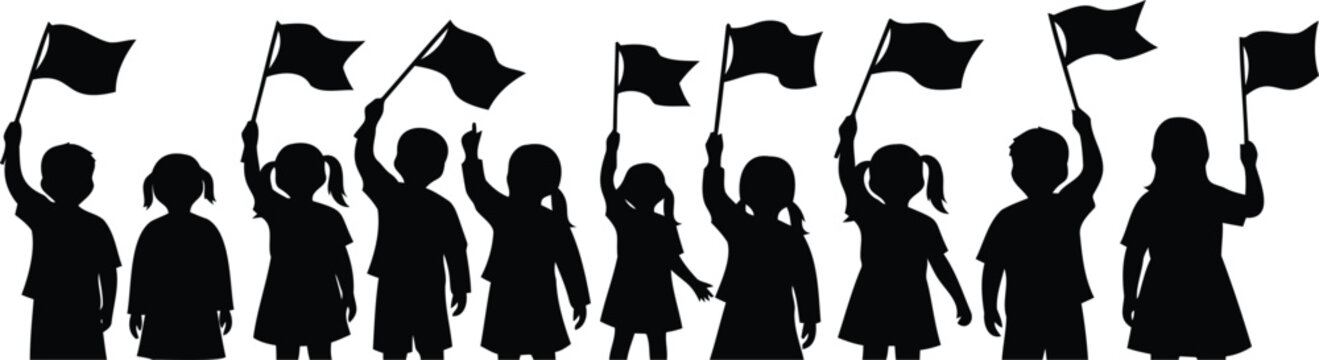 Group of children silhouettes holding small flags