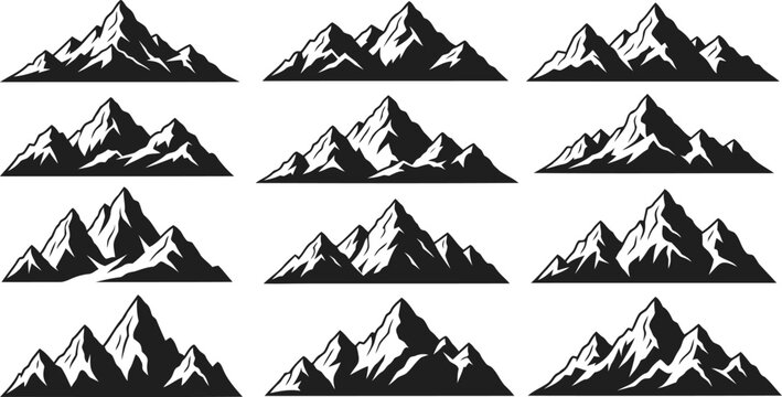 Set of twelve black and white mountain range vector icons