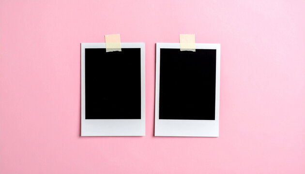 Two blank polaroid photo frames taped side by side on pink background. Minimalist retro instant photograph mockup with copy space for portfolio display, twin pictures presentation and memory banner.