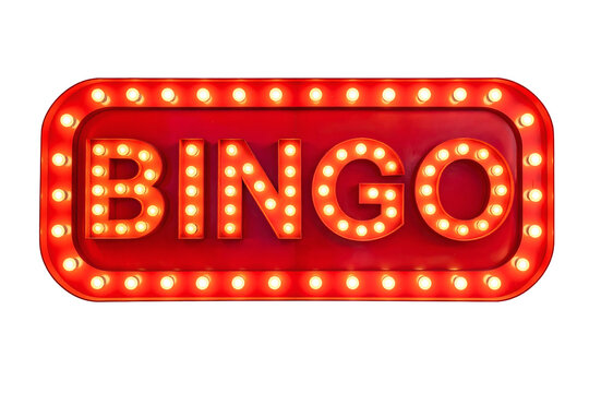 A vibrant, retro-inspired red "BINGO" sign featuring glowing marquee light bulbs around its border and illuminating the letters, perfect for gambling, casino, game night, or entertainment designs&nbsp;