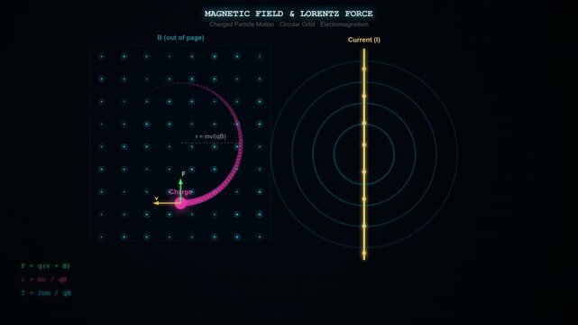 Magnetic Field Lines and Lorentz Force Animation Showing Charged Particle Motion in Electromagnetic Field