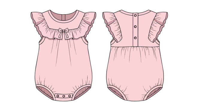 Pink Baby Girl Ruffle Romper Technical Flat Sketch Front and Back Views