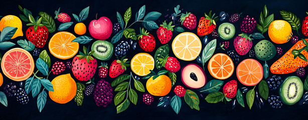 Fototapeta premium Seamless fruit and vegetable pattern with strawberries apples berries and fresh green leaves in colorful vector illustration design