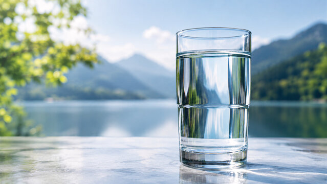Clear glass of water on wooden table with serene lake and mountain landscape background