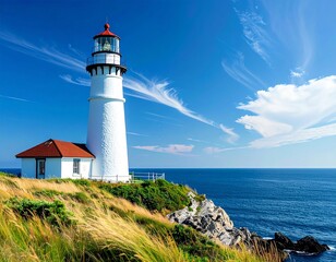 Fototapeta premium A tall white lighthouse stands on a grassy cliff overlooking the blue ocean under a bright sky.