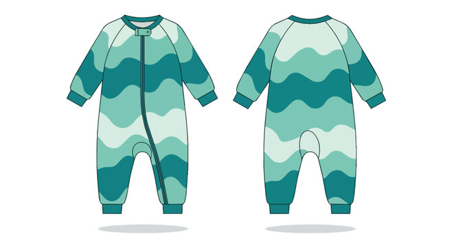 Baby Sleepsuit Technical Flat Sketch with Teal Wave Pattern Front and Back Views