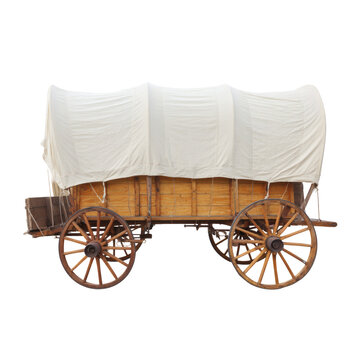 A detailed historical wooden covered wagon with a sturdy white canvas top, symbolizing pioneer spirit and westward expansion, ready for journeys&nbsp;&nbsp;