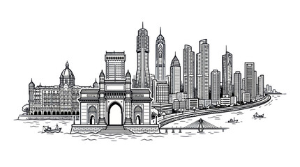 Obraz premium Mumbai Skyline Illustration: Gateway of India & Modern Skyscrapers