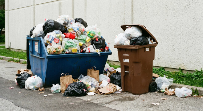 Large blue industrial dumpster and brown wheelie bin overflowing with plastic garbage bags and trash on an urban street near a concrete wall