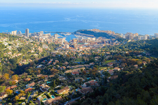 View from the village of La Turbie looking out over the hills of the French Riviera towards Monte Carlo, Monaco, the harbor and the Rock, in Southern France.
