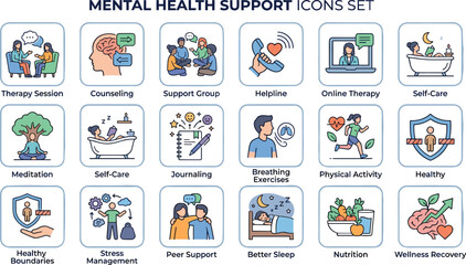 Fototapeta premium Mental Health Support Icons Set Featuring Therapy Counseling Wellness Recovery Self Care and Emotional Wellbeing Resources