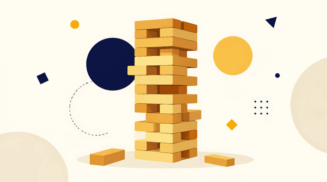Multiple jenga tower variations stacked high with colorful shapes around