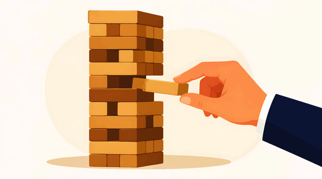 A hand in a suit sleeve carefully removes a block from a precariously stacked jenga tower.