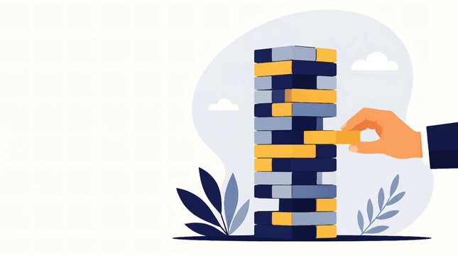 A hand builds a jenga tower on a leafy surface for a website hero banner.