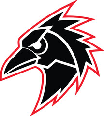 Obraz premium Dynamic profile of a black bird head with bold red accents, ideal for a competitive brand or team emblem