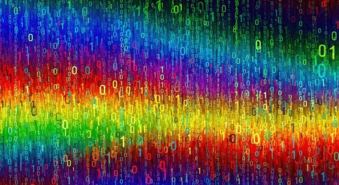 Abstract Rainbow Binary Code Digital Art Background.