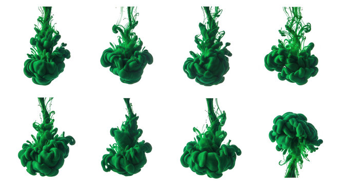 green ink explosions submerged in water against a plain white backdrop design and abstract artistic visuals