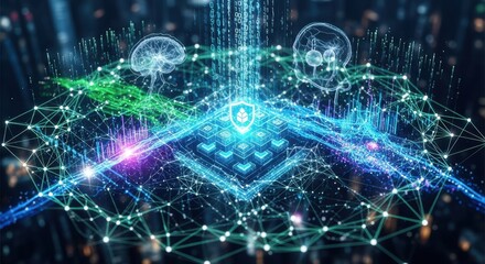 Obraz premium Abstract digital network connecting two human brains with glowing data streams.